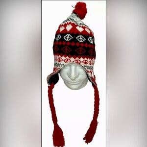 Women’s Peruvian Knit Winter Hat Geometric  Hearts Print Black Red White Braids